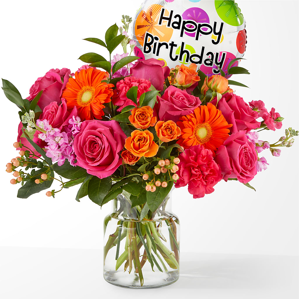 Fiesta Bouquet with Birthday Balloon – EVERYTHING'S GREEN FLORIST, Redwood City CA