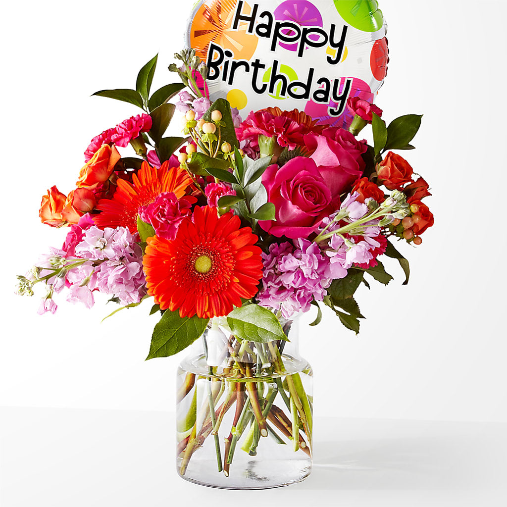 Fiesta Bouquet with Birthday Balloon – EVERYTHING'S GREEN FLORIST, Redwood City CA