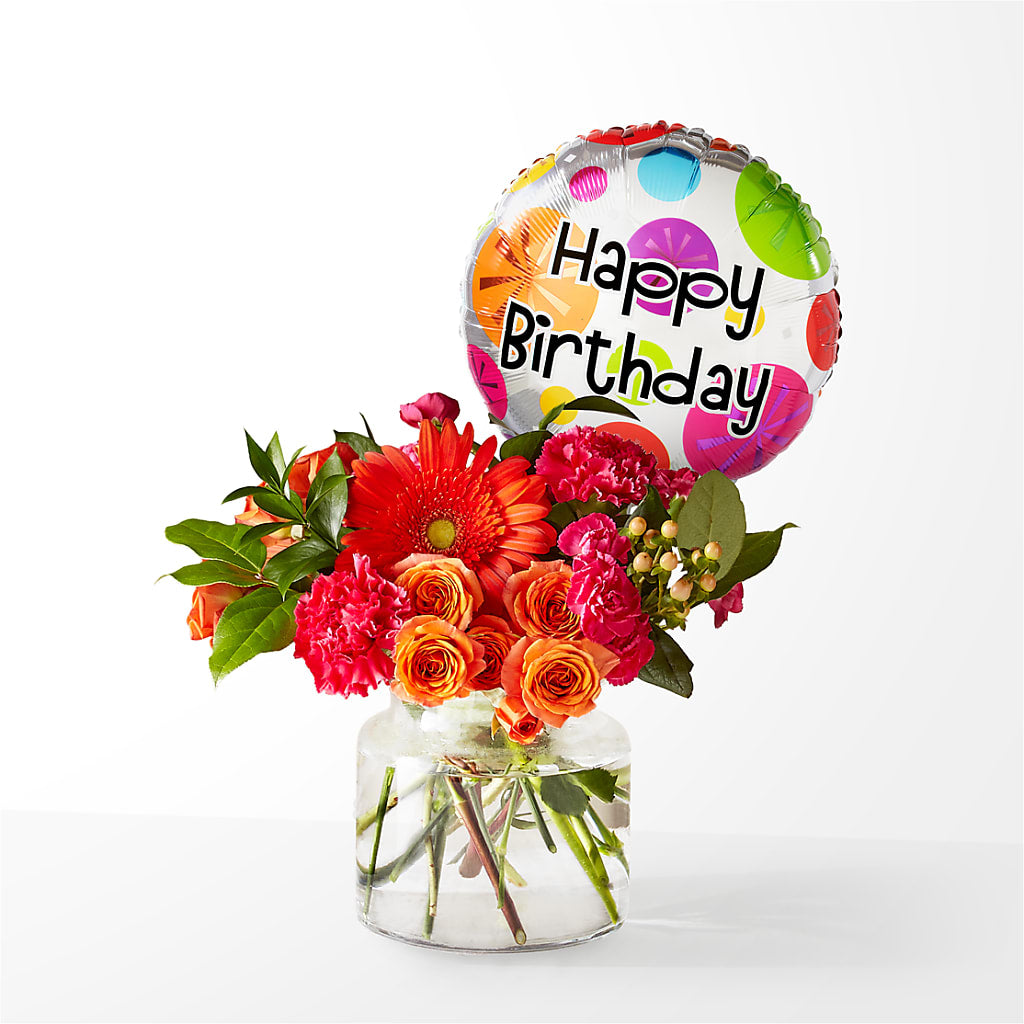 Fiesta Bouquet with Birthday Balloon – EVERYTHING'S GREEN FLORIST, Redwood City CA