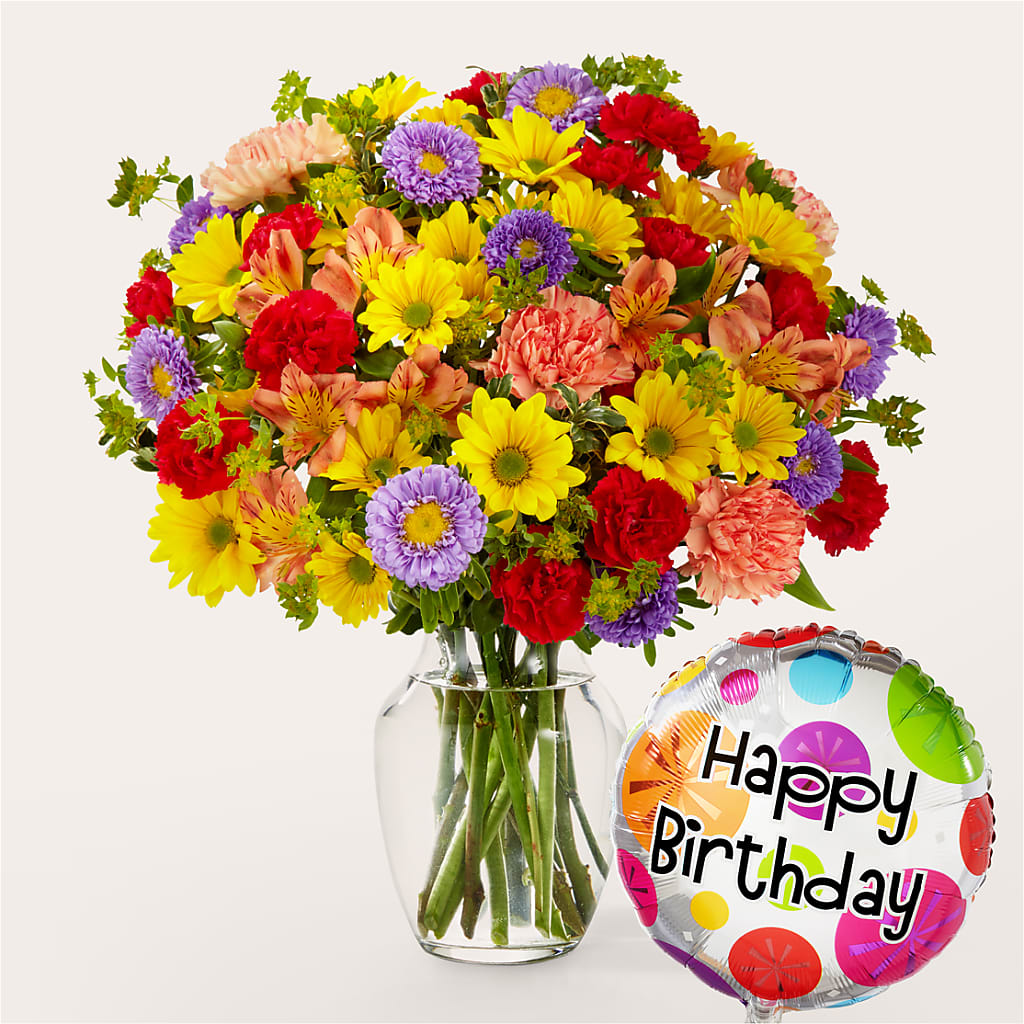 Kaleidoscope Bouquet with Birthday Balloon – EVERYTHING'S GREEN FLORIST, Redwood City CA