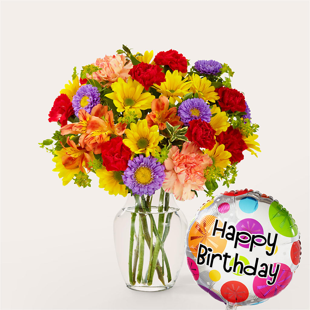 Kaleidoscope Bouquet with Birthday Balloon – EVERYTHING'S GREEN FLORIST, Redwood City CA