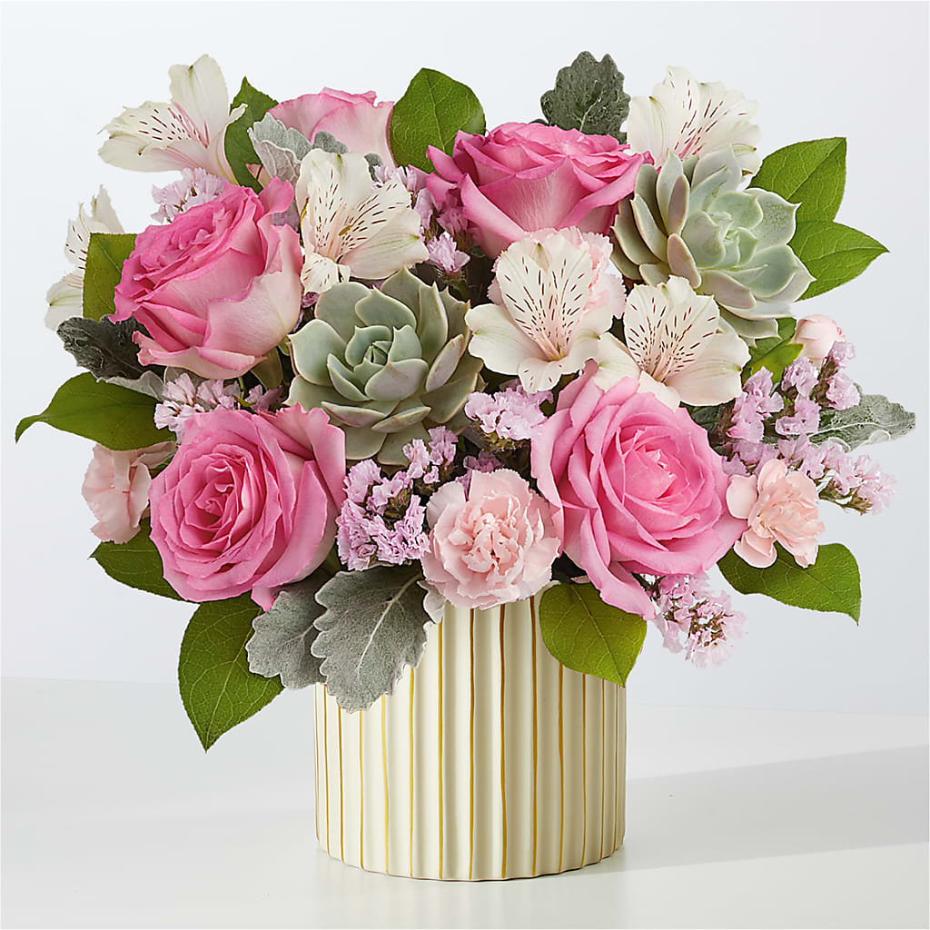Dusty Rose Bouquet with Ivory Vase – EVERYTHING'S GREEN FLORIST, Redwood City CA
