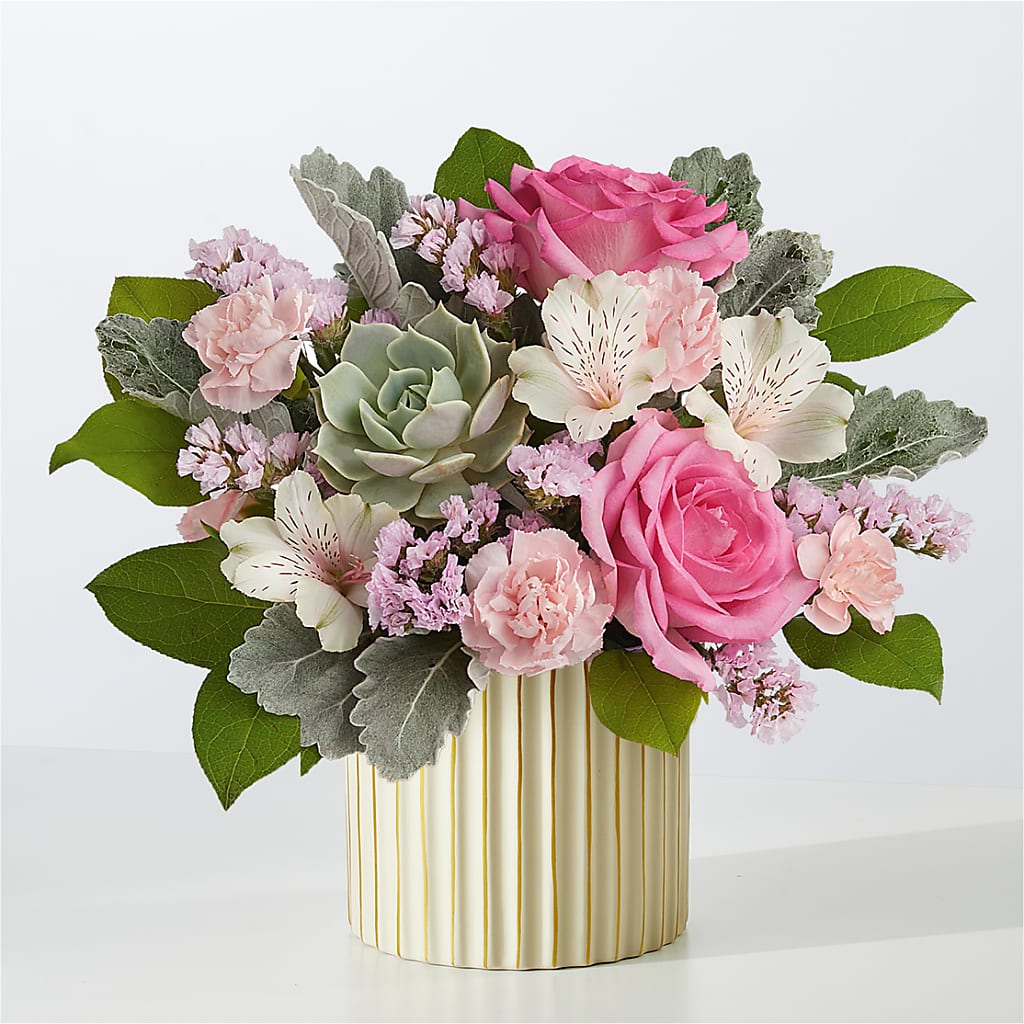 Dusty Rose Bouquet with Ivory Vase – EVERYTHING'S GREEN FLORIST, Redwood City CA