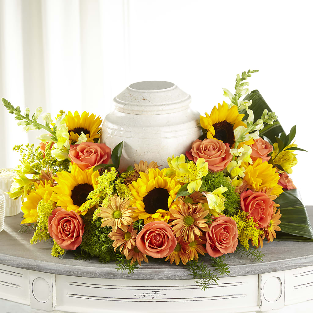 Faithful Sunflower Cremation Adornment – EVERYTHING'S GREEN FLORIST, Redwood City CA
