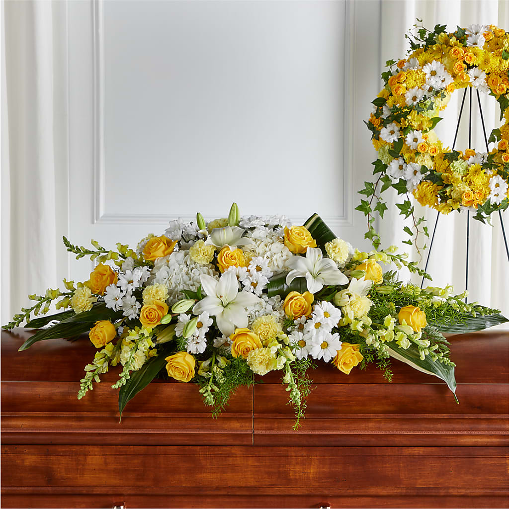 Golden Harmony Casket Spray – EVERYTHING'S GREEN FLORIST, Redwood City CA