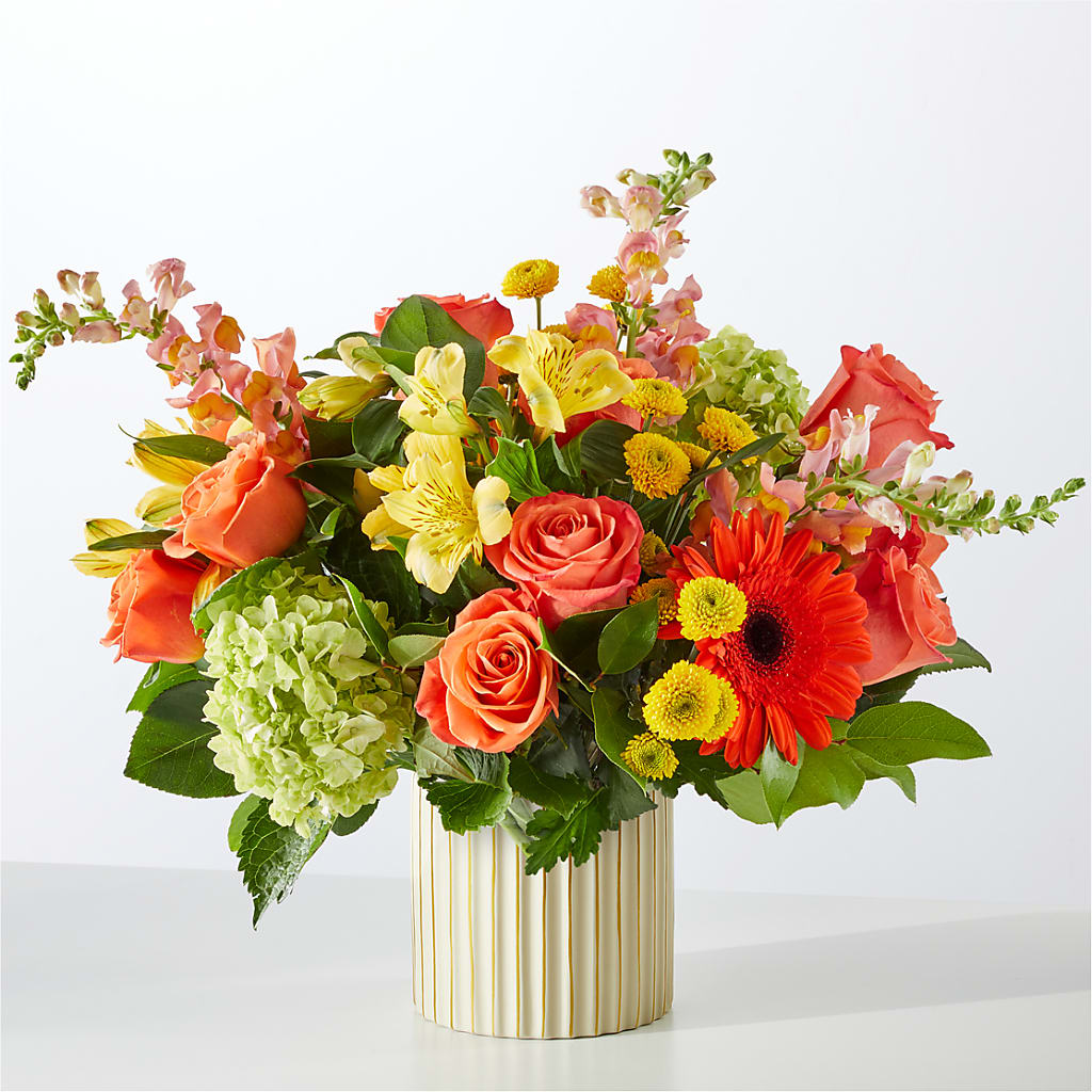 Autumn Sunshine Bouquet with Ivory Vase – EVERYTHING'S GREEN FLORIST, Redwood City CA