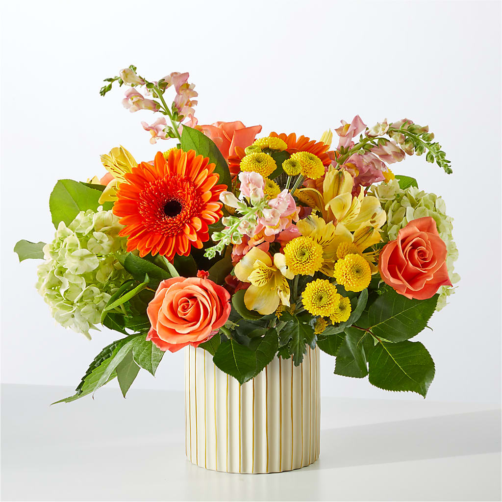 Autumn Sunshine Bouquet with Ivory Vase – EVERYTHING'S GREEN FLORIST, Redwood City CA